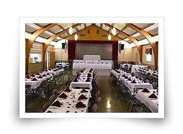 Hall interior arranged with long tables